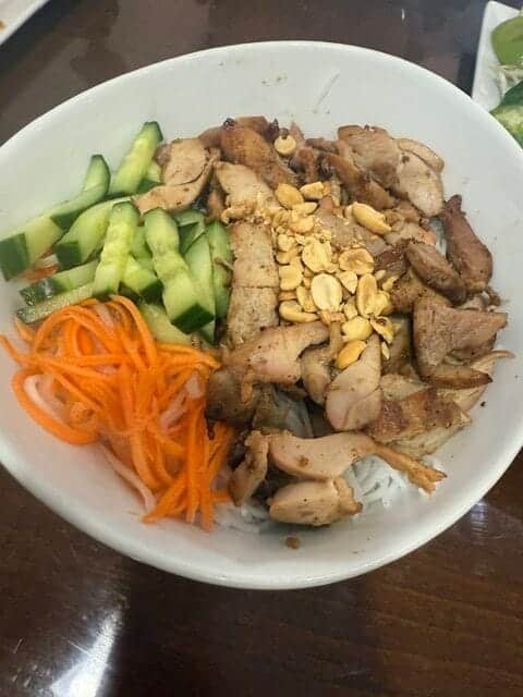 Bún vermicelli noodle bowl with fresh cucumbers, carrots, and peanuts at Pho Bowl Cape Coral.