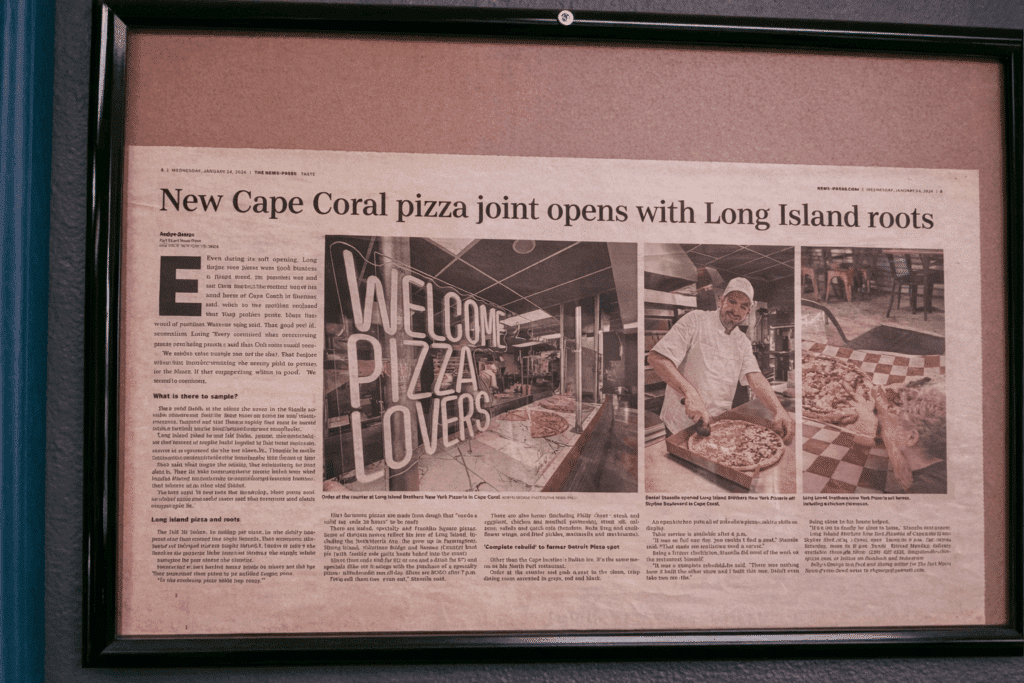 Newspaper feature on Long Island Brother’s Pizza in Cape Coral highlighting Long Island roots and pizza craftsmanship.